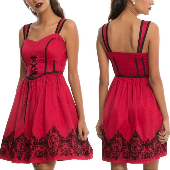 NWT Hot Topic Red & Black Velvet Print Border Fit & Flare Dress, Size XL - Picture 11 of 12